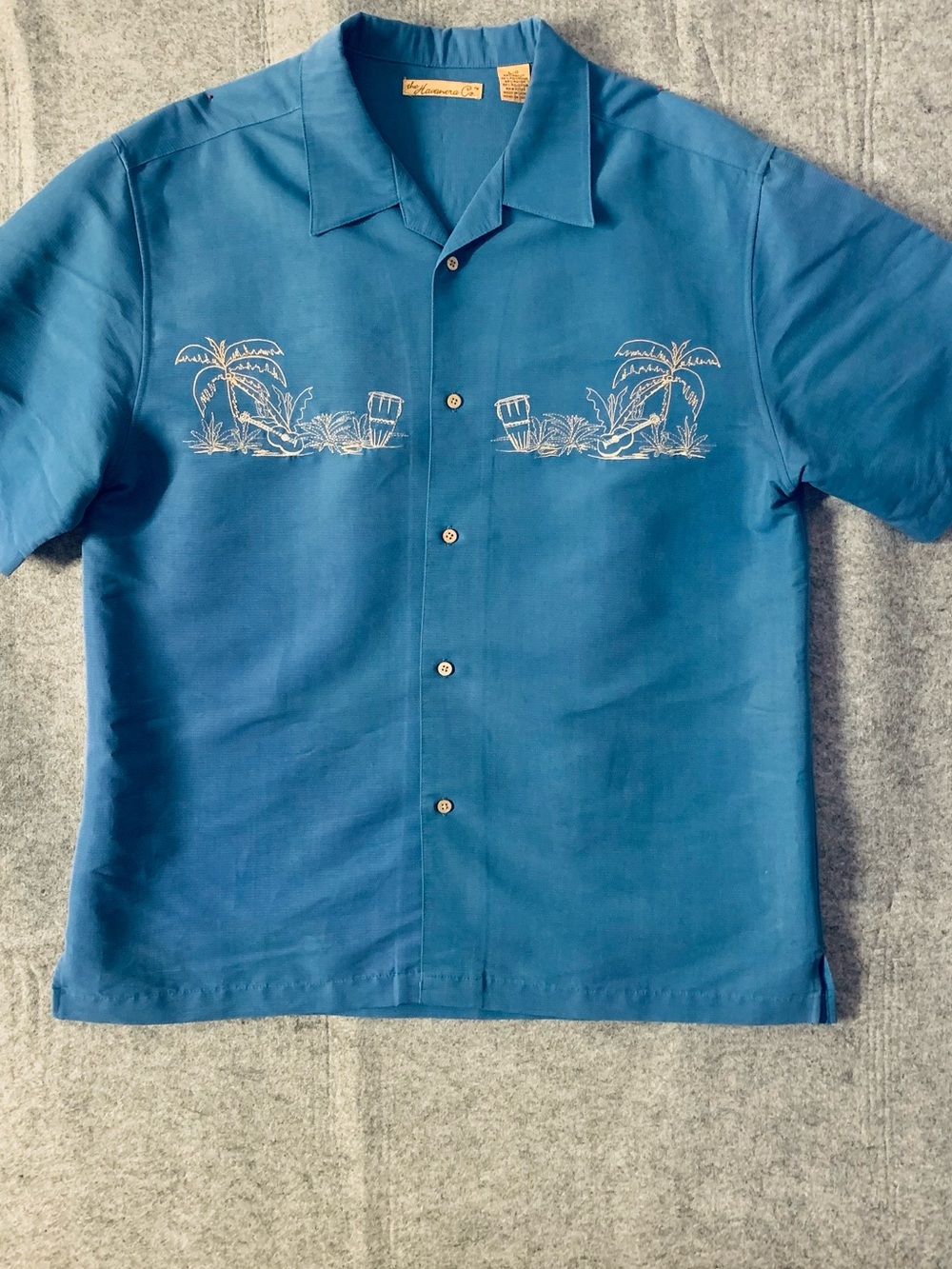 Men's Blue Short-Sleeve Embroidered Camp Collar Shirt